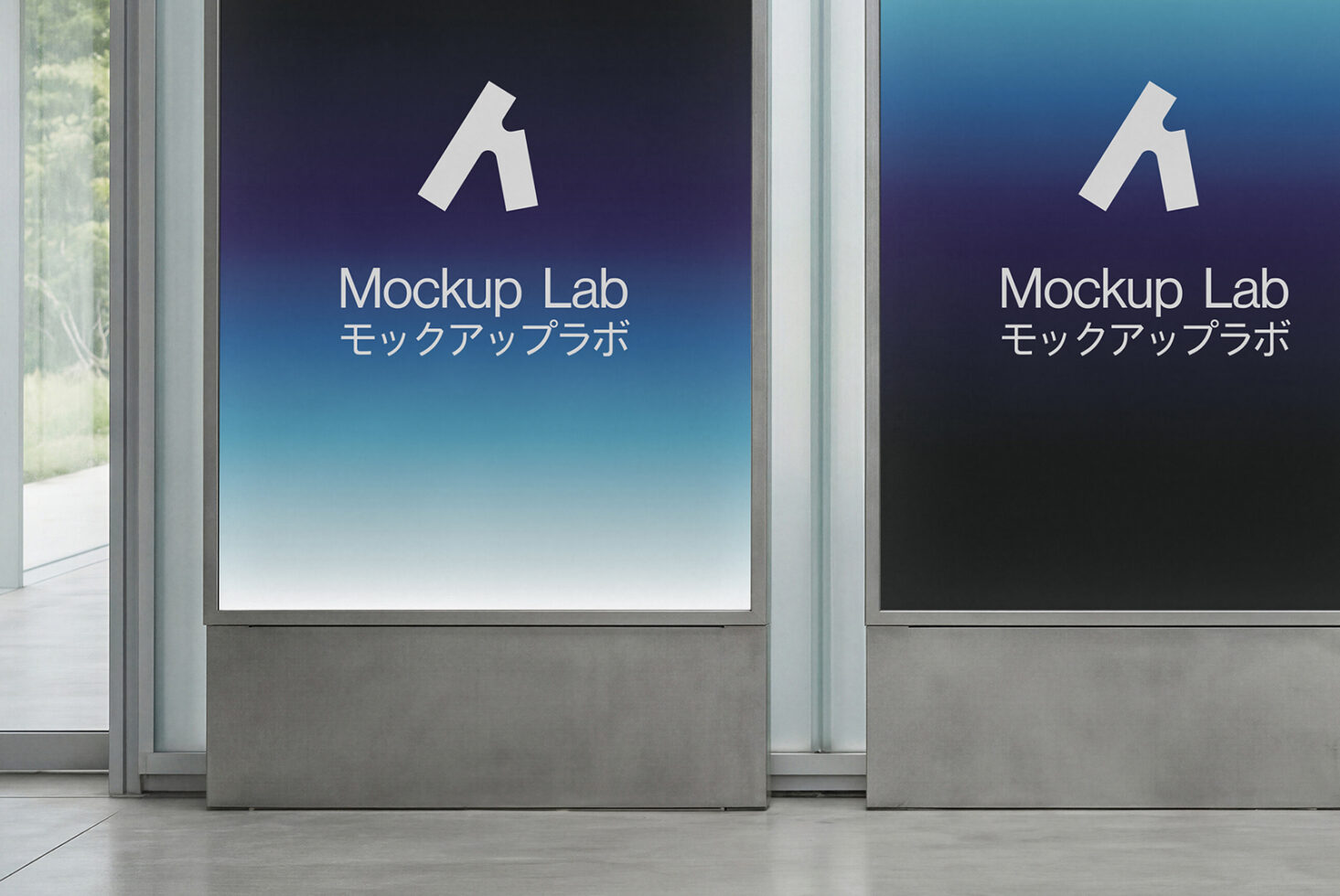 Two window displays showing Mockup Lab branding on gradient background screens