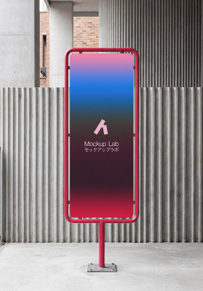 Red phone stand mockup showing gradient display in industrial urban street setting