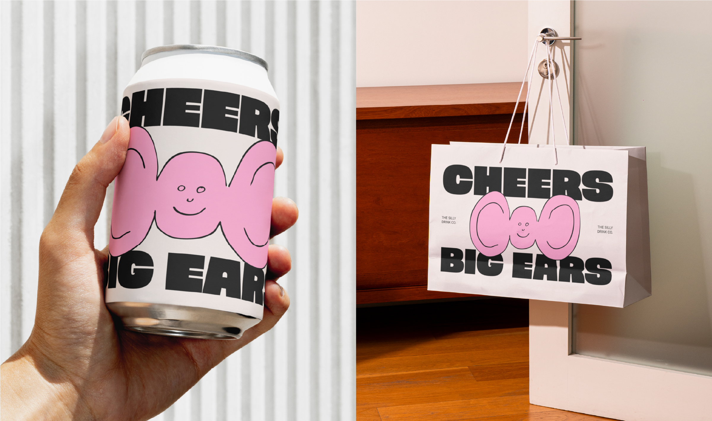 Hand holding can mockup with pink cartoon ears, matching poster hanging nearby