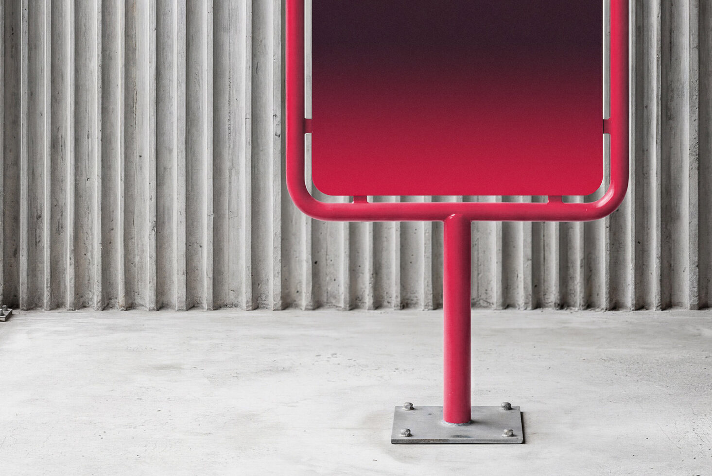 Hot pink signage mockup with blank screen against weathered concrete wall surface