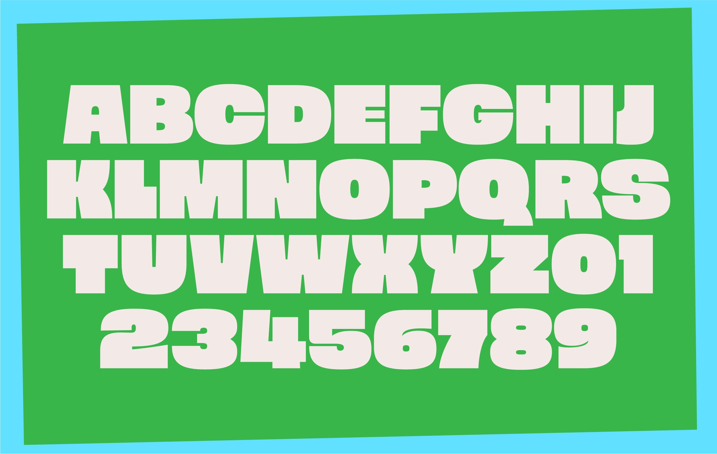 Full alphabet display in chunky letters with numbers on green with blue border