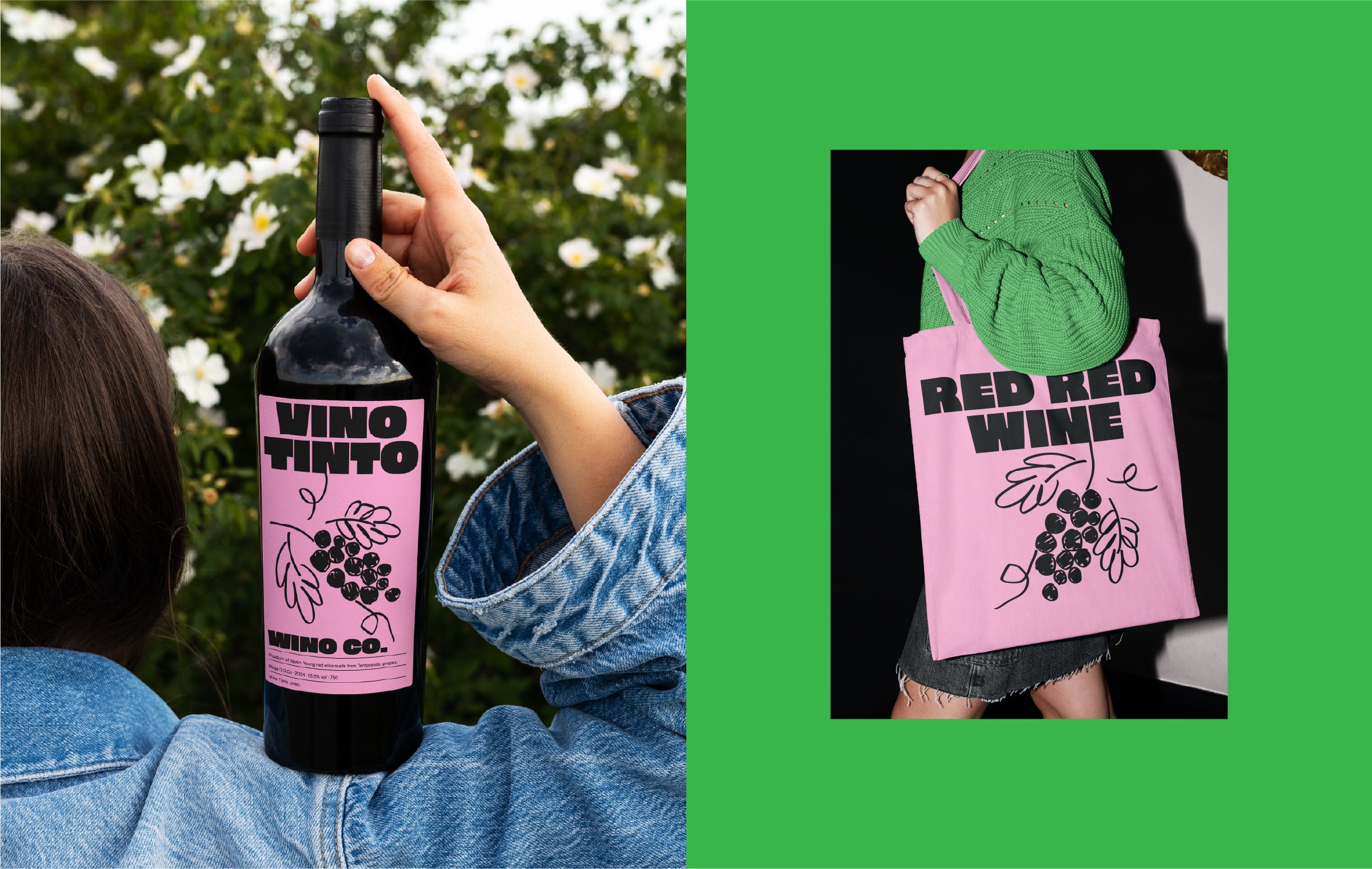 Wine bottle label mockup with matching tote bag in pink, hand holding bottle outdoors