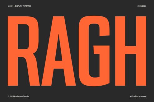 Bold orange sans-serif display letters spelling RAGH on dark charcoal background