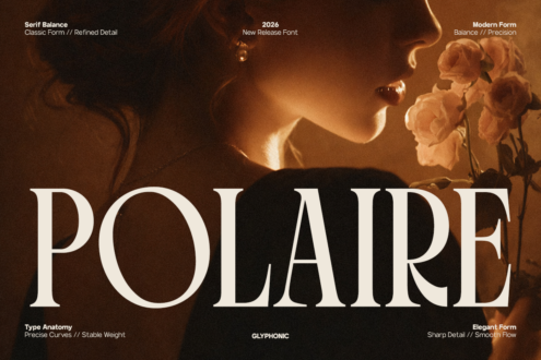 Polaire serif typeface display with warm golden portrait imagery shown behind text