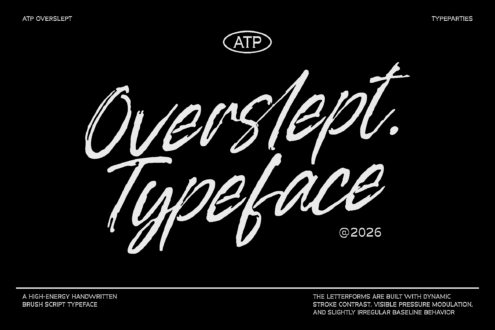 Overslept Typeface in brush script with ATP logo, dynamic stroke contrast