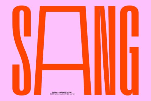 GR SANG condensed typeface showing large outlined letters on pink background