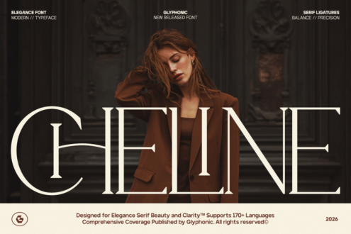 Cheline serif font specimen overlaid on portrait of woman in brown coat