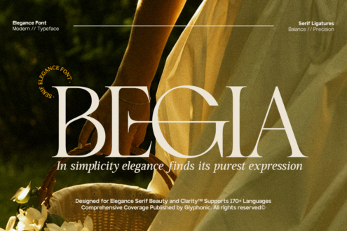 Begia serif typeface showcase with gold ribbon texture, elegance theme