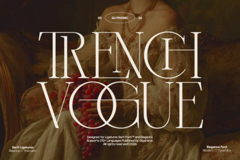 Ornate classical figure wearing pearls with French Vogue serif font overlay