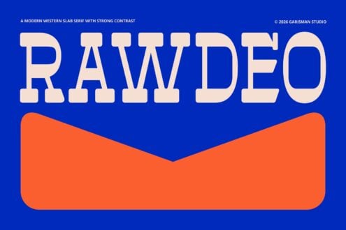 Rawdeo font in cream slab serif over orange shape on blue