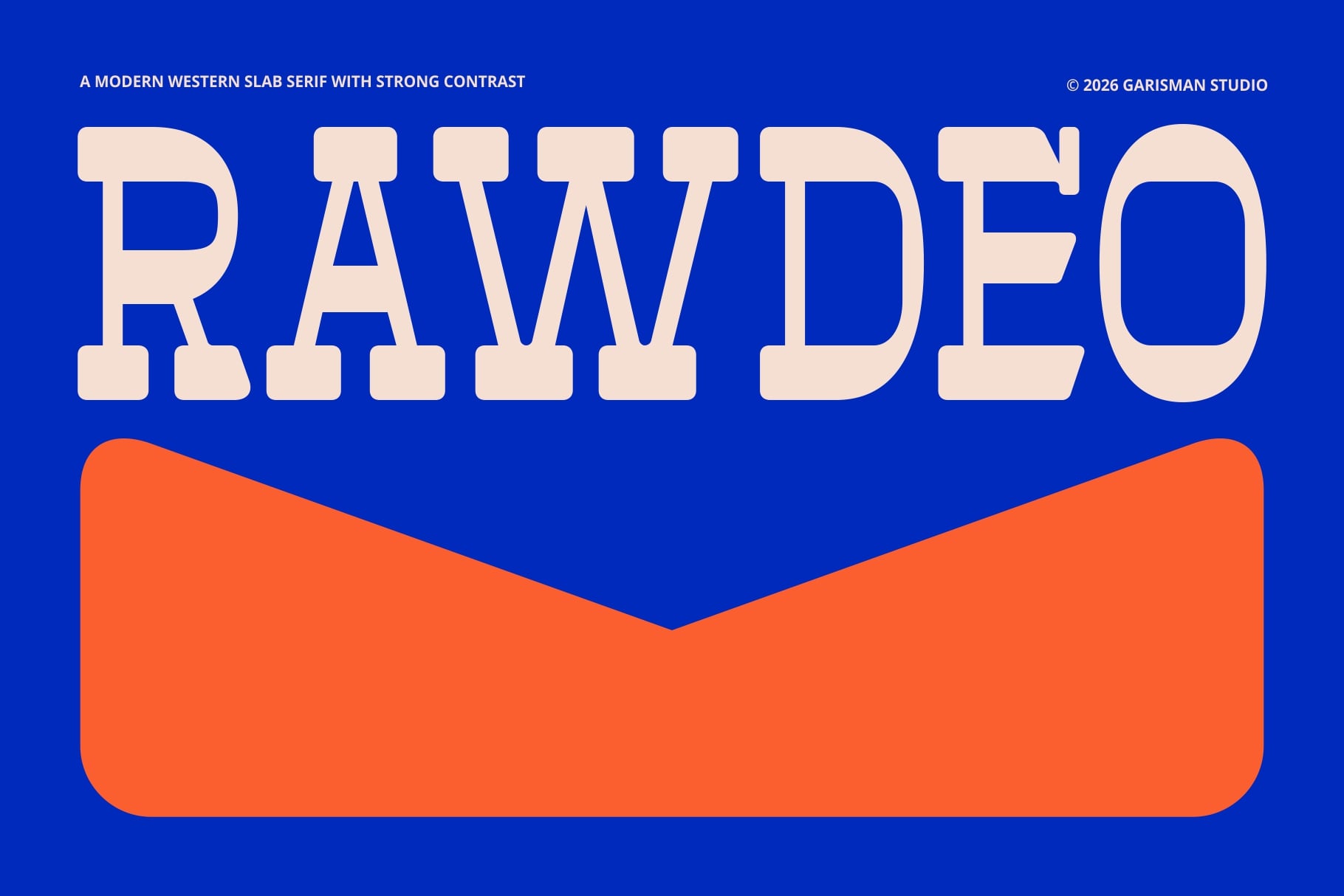 Rawdeo font in cream slab serif over orange shape on blue