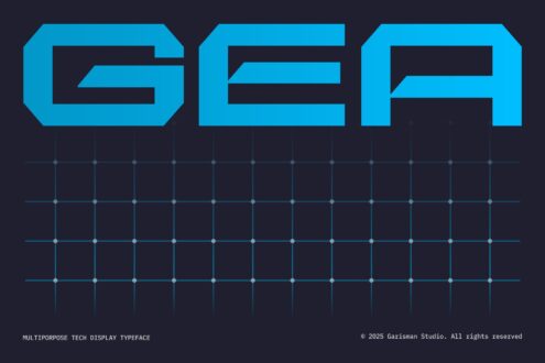GEA typeface letters shown large with geometric grid overlay underneath