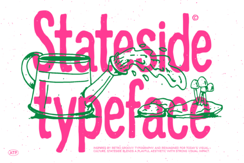 Pink chunky letters stateside typeface with green plant illustrations woven through