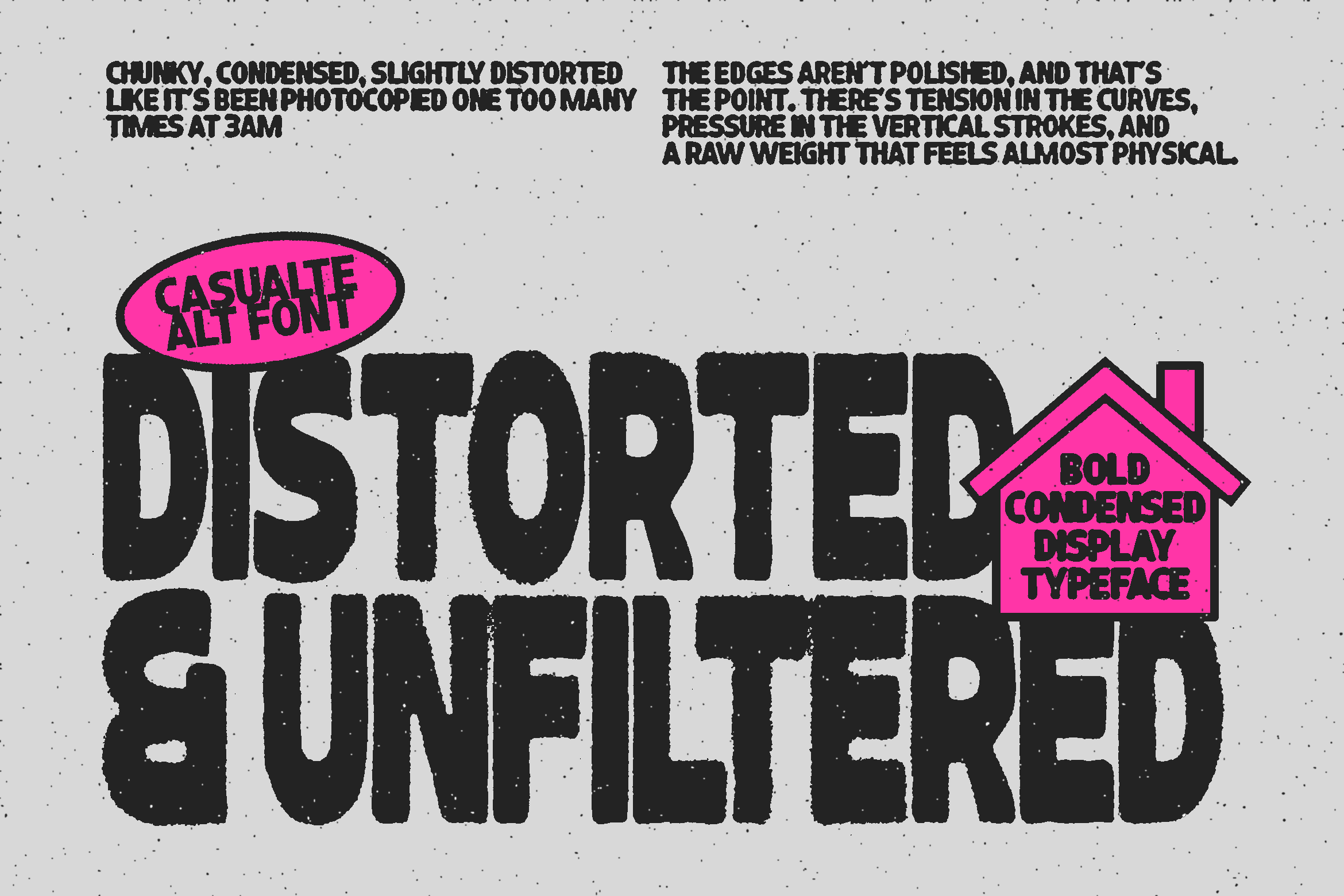 Casualte Alt Font labeled over Distorted Sunflered display typeface with design notes about chunky condensed treatment