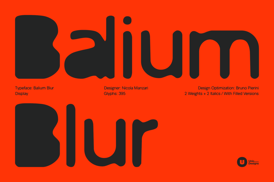 Balium Blur font display in black on bright red, showing distorted blurred letterforms