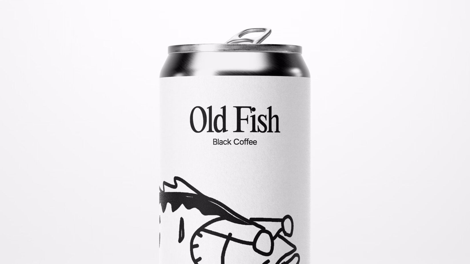 White beverage can labeled Old Fish Black Coffee with line art fish graphic
