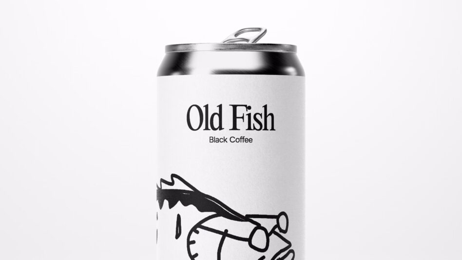 White beverage can labeled Old Fish Black Coffee with line art fish graphic