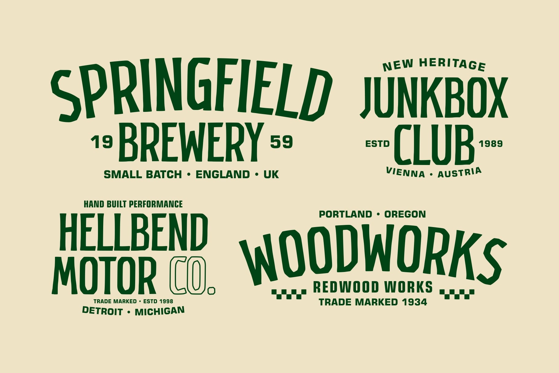 Retro logo collection featuring brewery, motor company, junkbox club samples