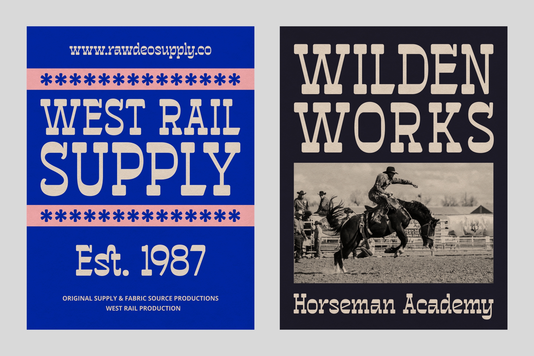 Two vintage-style posters side by side, blue rail supply design plus black horseman academy print