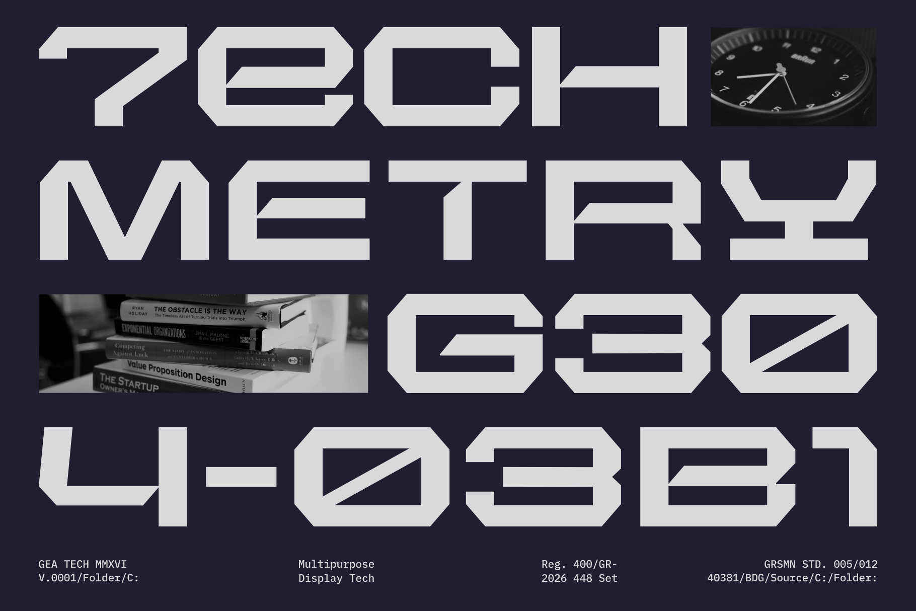 Chunky white letterforms with watch close-up, stacked books photo inset