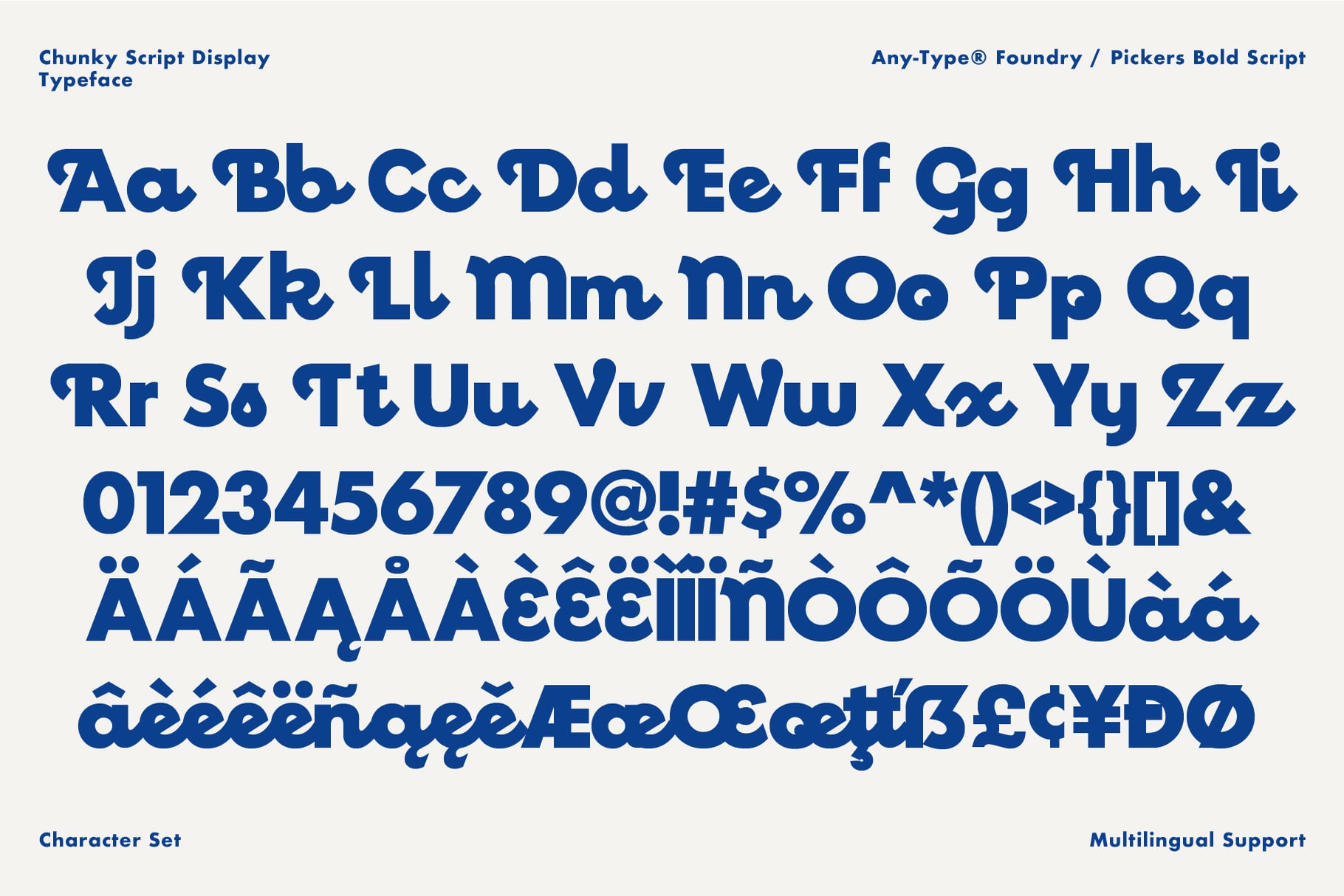 Chunky Script Display typeface showing full character set with multilingual support