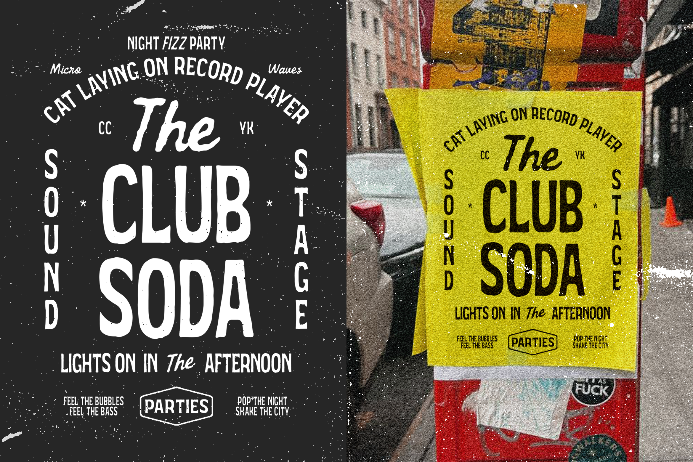 Grunge poster mockup featuring text The Club Soda suitable for urban event marketing and graphic design templates showcasing vintage typography style.