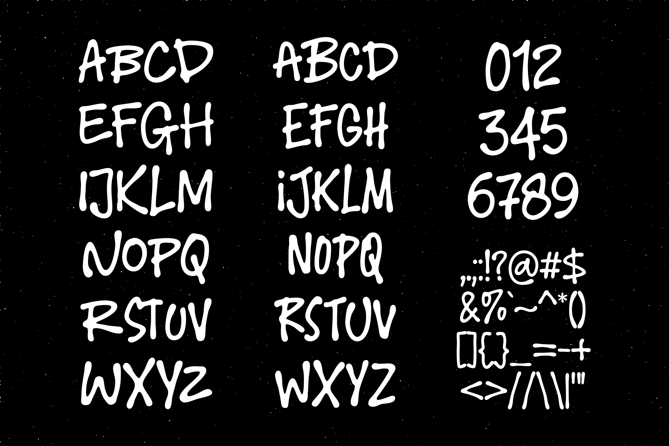 Font sample showing alphabet, numbers, special characters on black