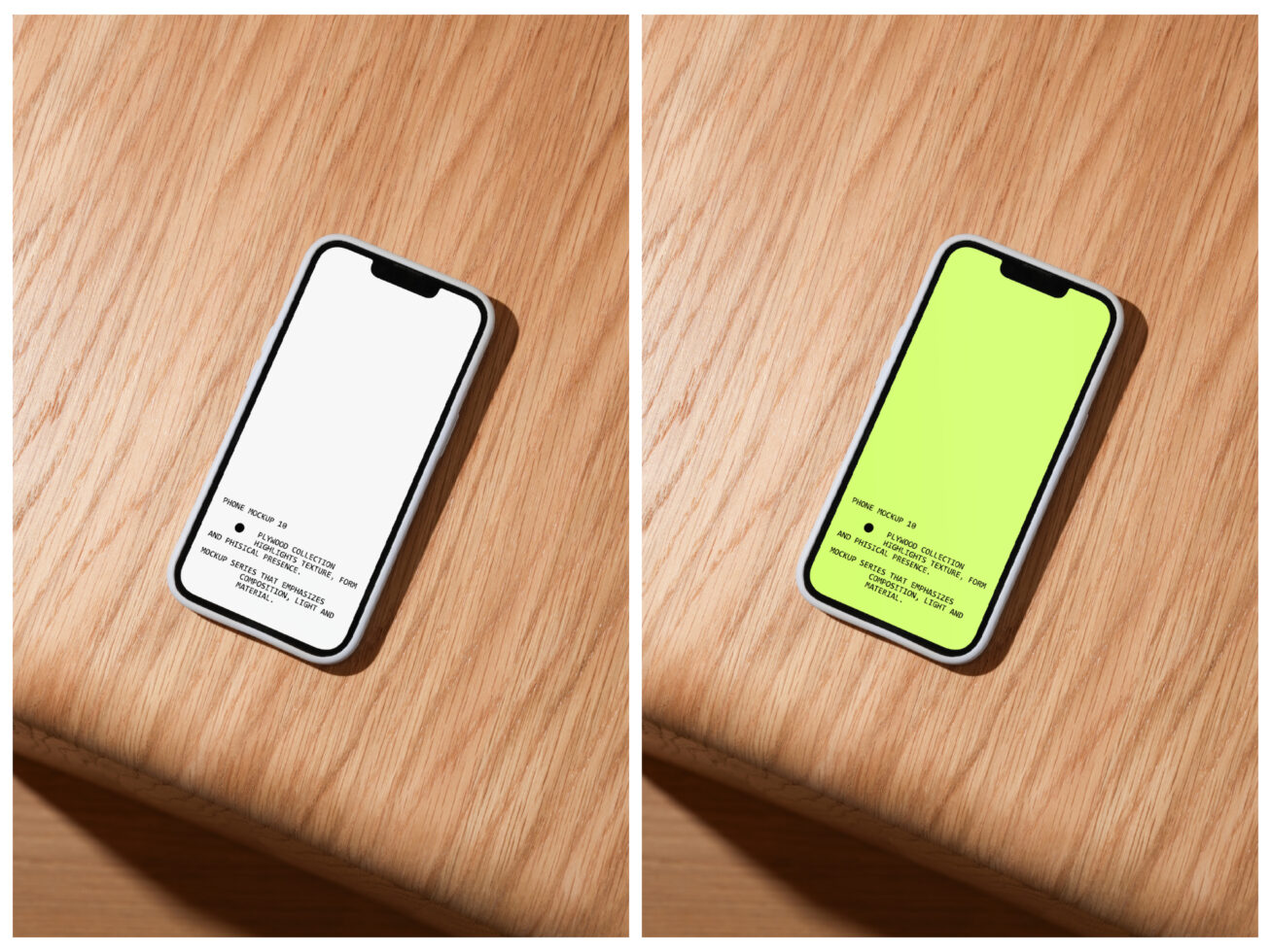Two iPhone mockups on wood surface, one with white screen one with neon yellow screen