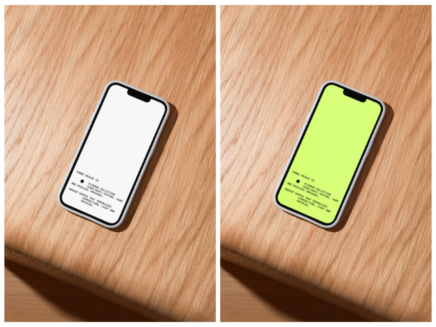 Two iPhone mockups on wood surface, one with white screen one with neon yellow screen