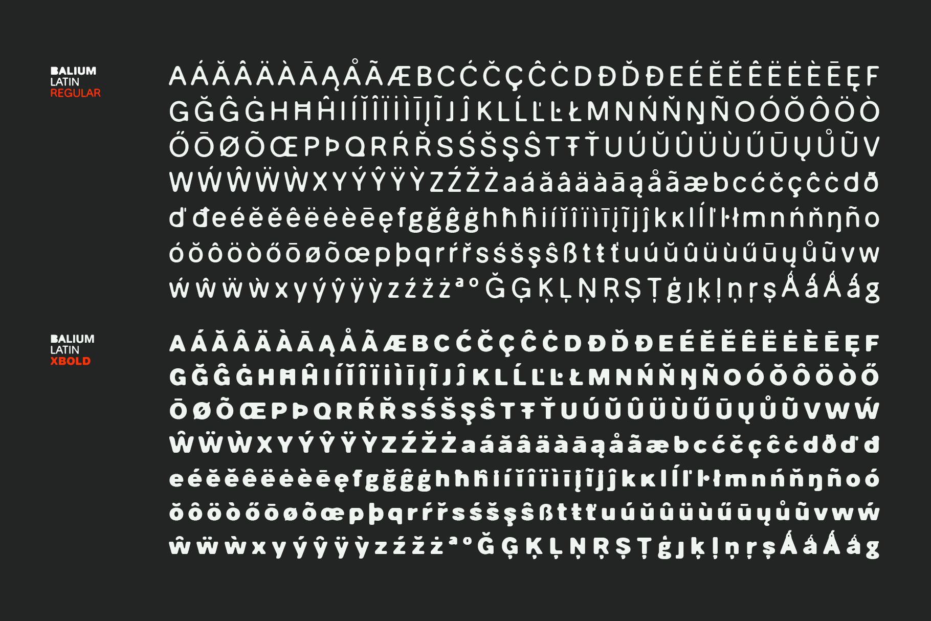 Balium Latin font showing uppercase, lowercase, accented characters in Regular weight