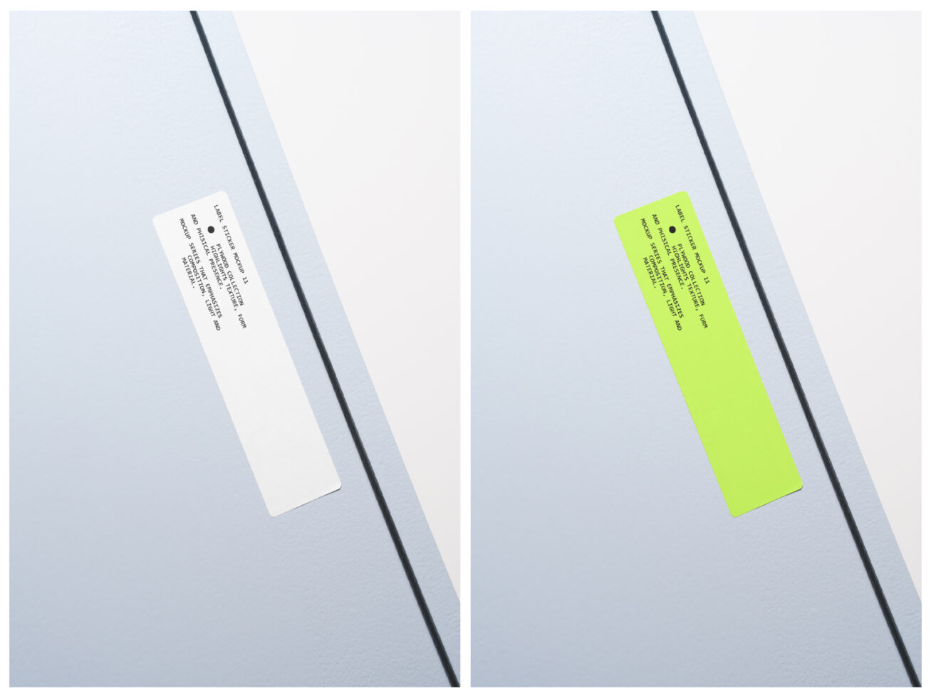 Narrow white or neon label sticker on minimal gray background with shadow
