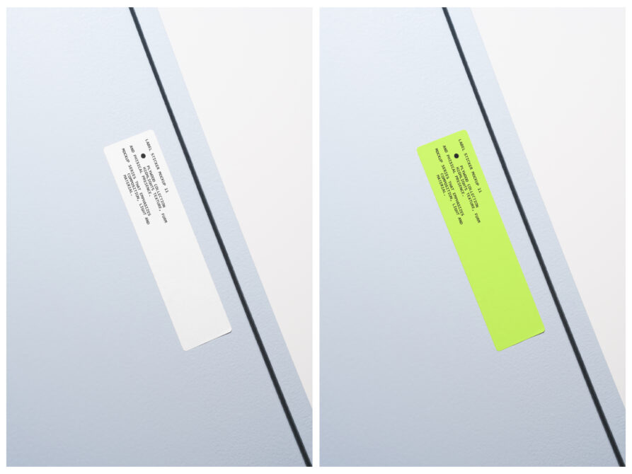 Narrow white or neon label sticker on minimal gray background with shadow