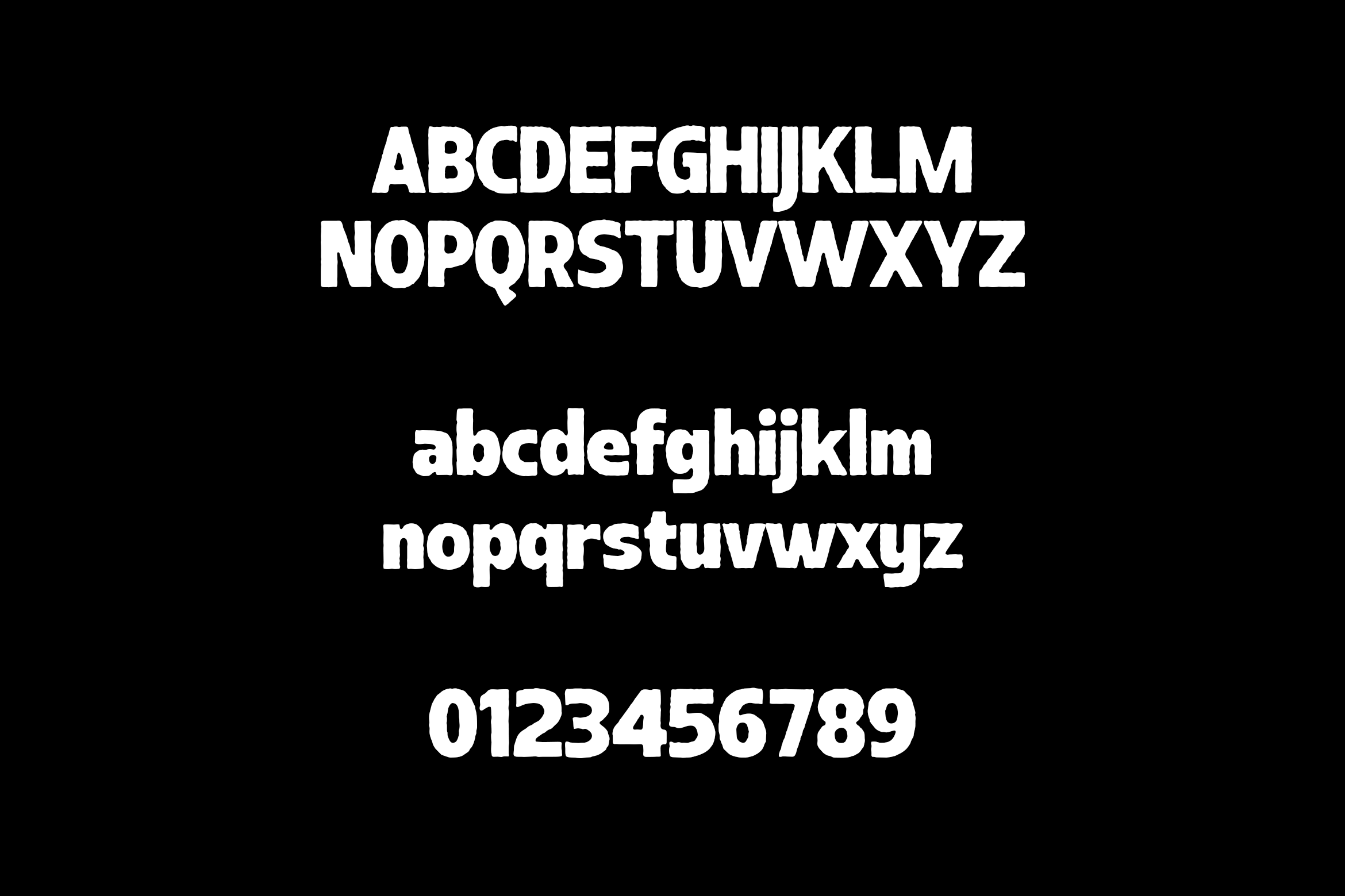 Casualte font specimen with uppercase, lowercase letters plus numbers on black background