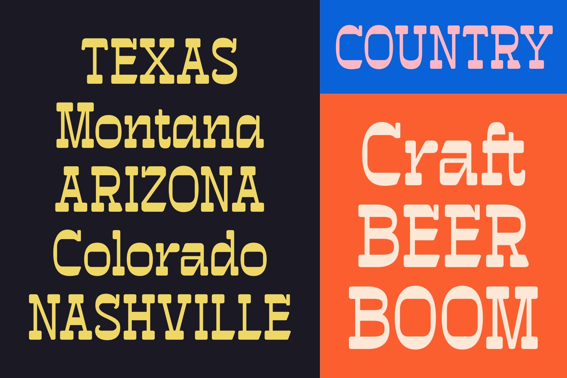 Split layout poster showing state names in gold on dark side, colorful text on right side