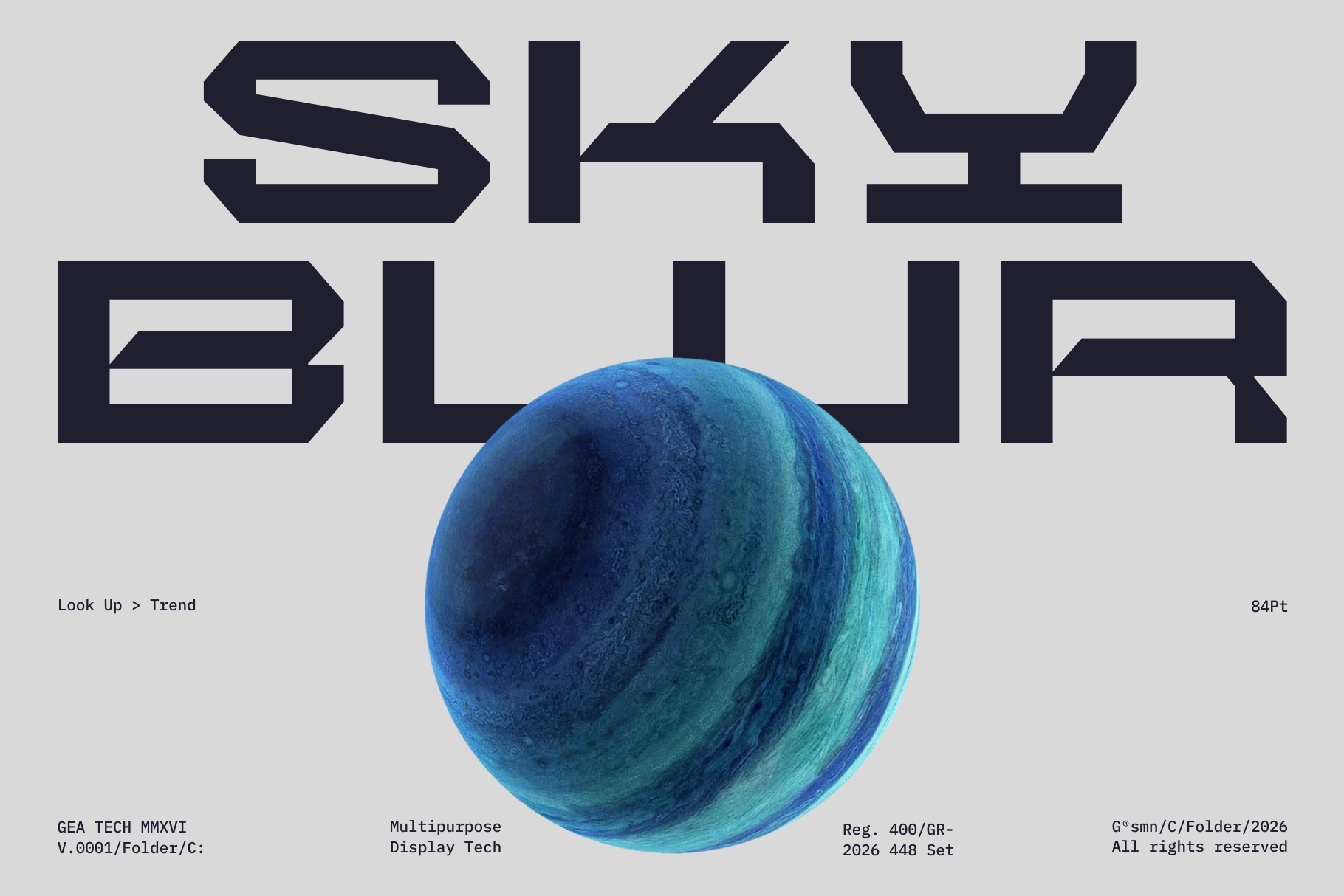 Bold black geometric typeface with blue planet sphere, tech display mockup