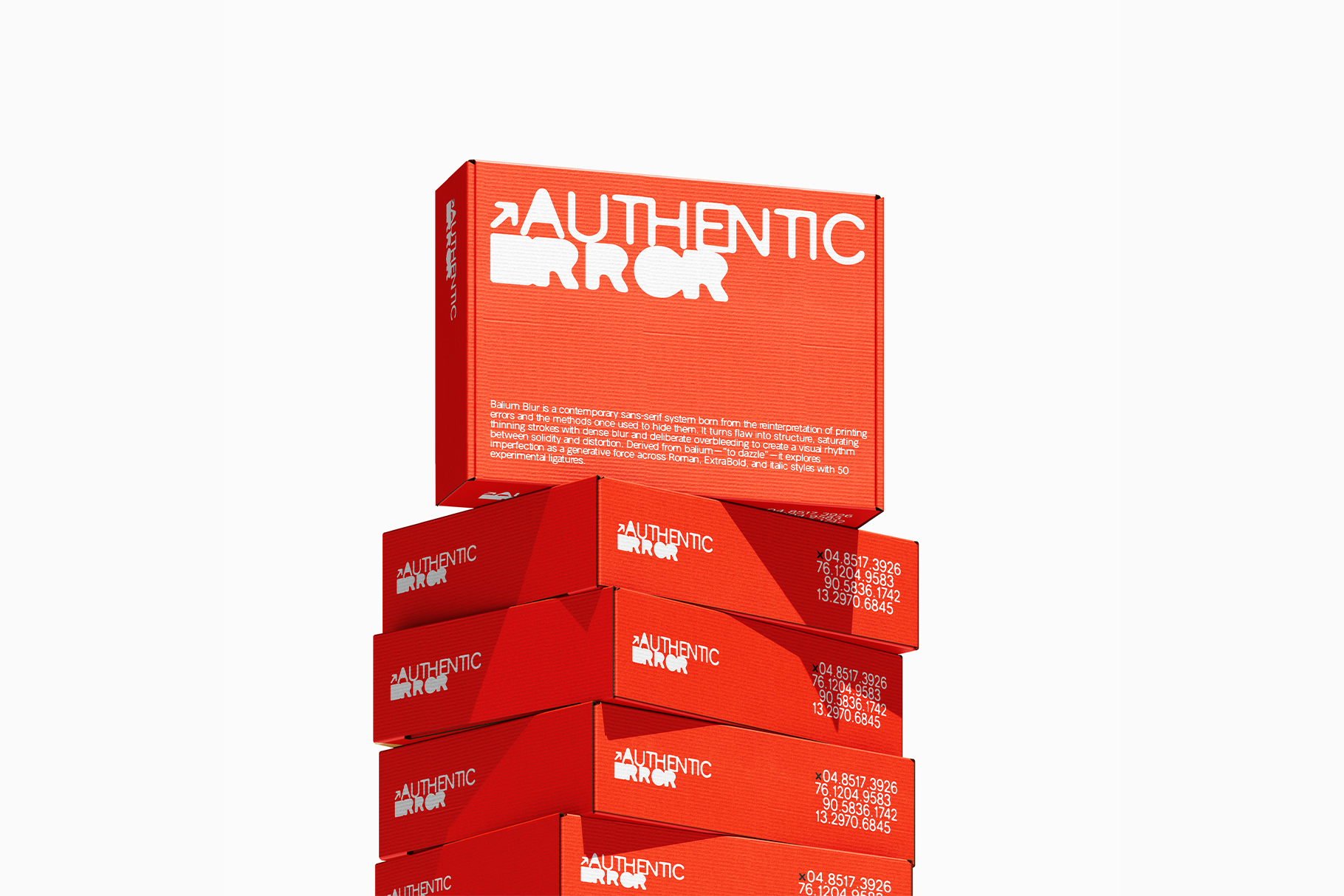 Stacked red packaging boxes for Authentic Brick font family mockup