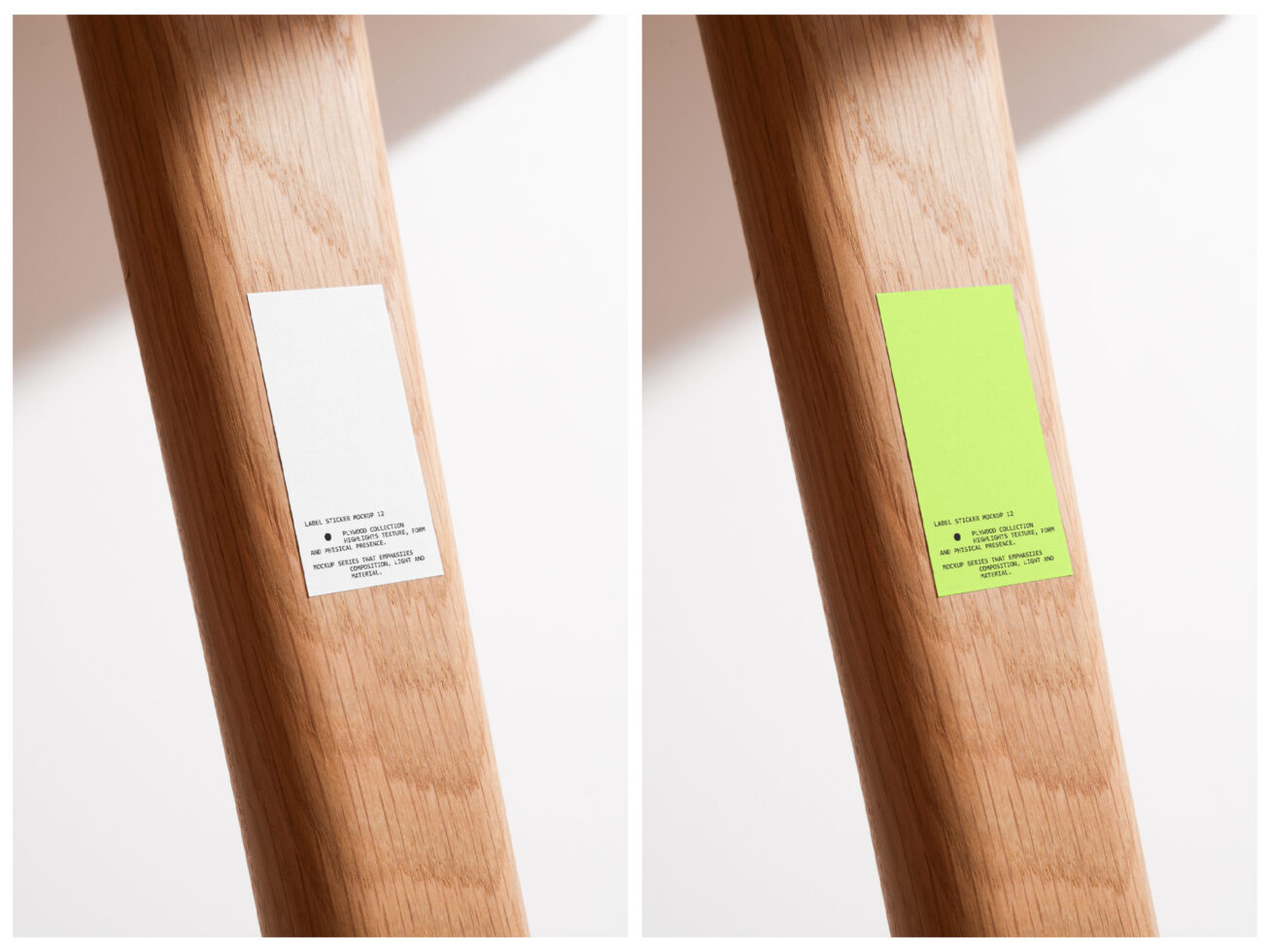 Square label stickers in white or neon green on wooden pole surface
