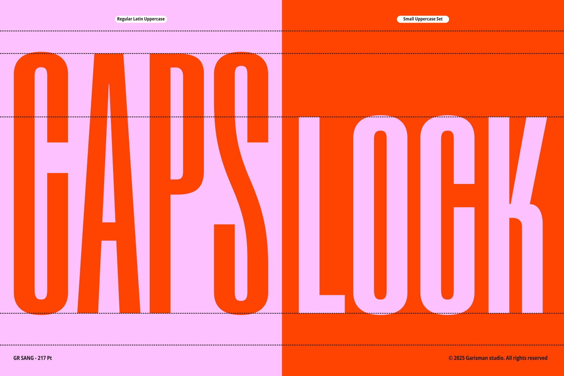Font specimen showing character sets with pink to orange color blocks below