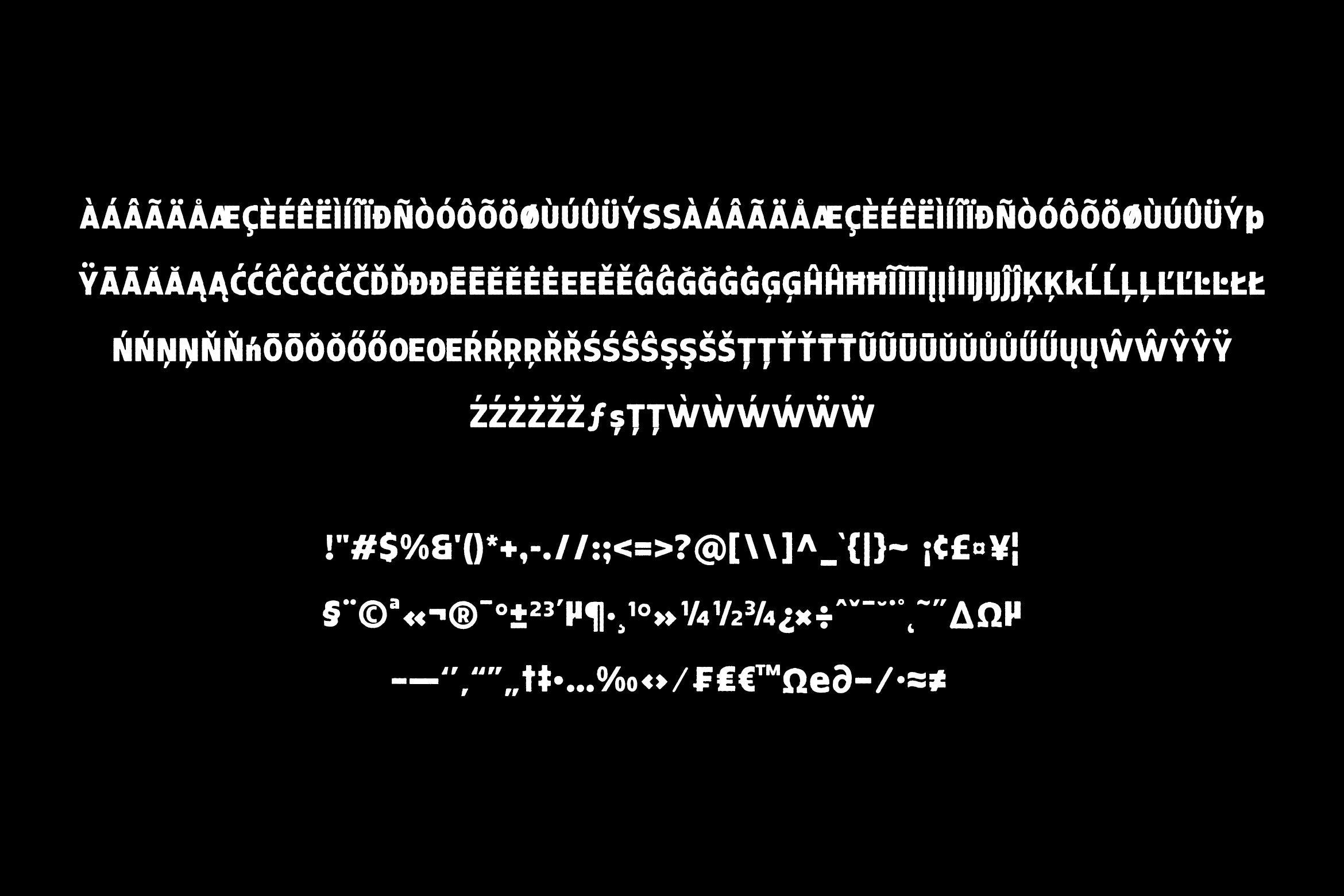 Full character set of Casualte font showing uppercase, lowercase, accents, symbols on black