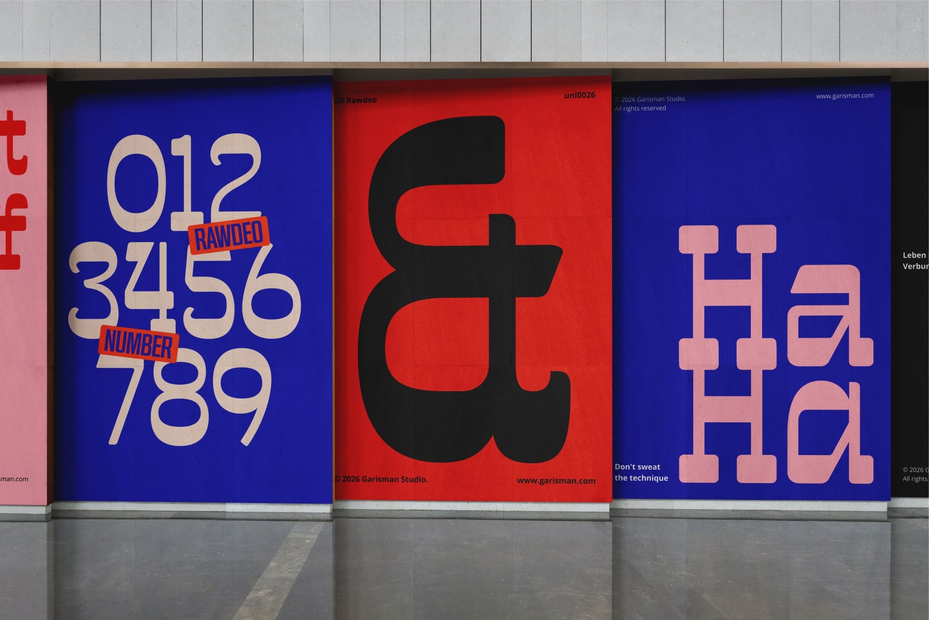 Bold poster mockup with oversized numbers, slab serif type, bright blue backgrounds on display