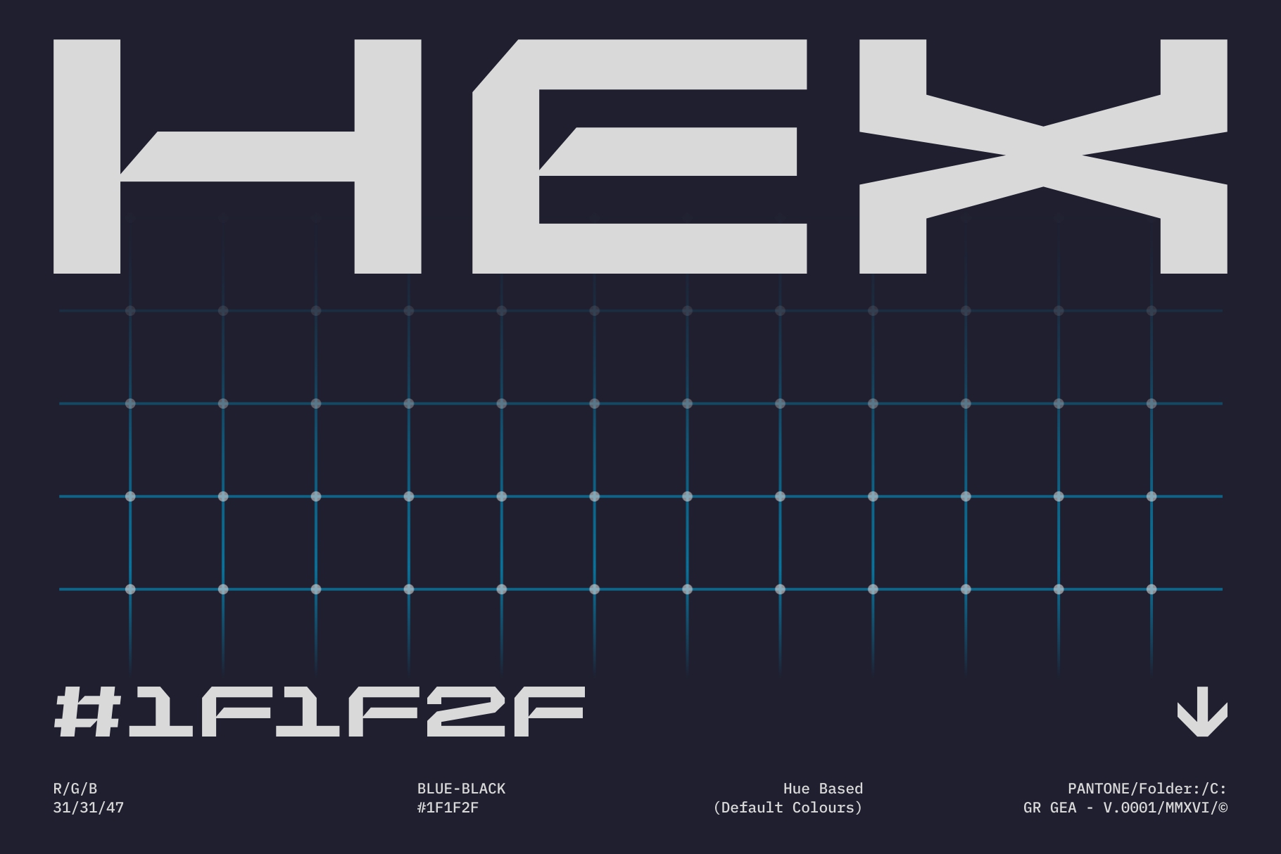 Large geometric HEX wordmark in white on dark blue grid background with color spec details below