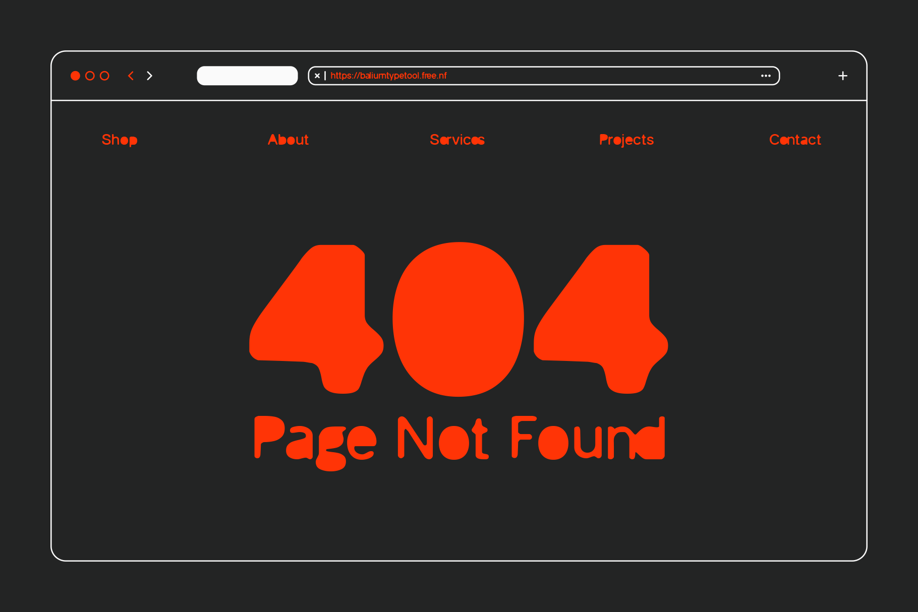 Browser mockup showing 404 error page with Balium font in bright orange