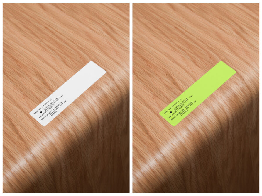 Long rectangular label stickers in white or lime on wooden plank surface