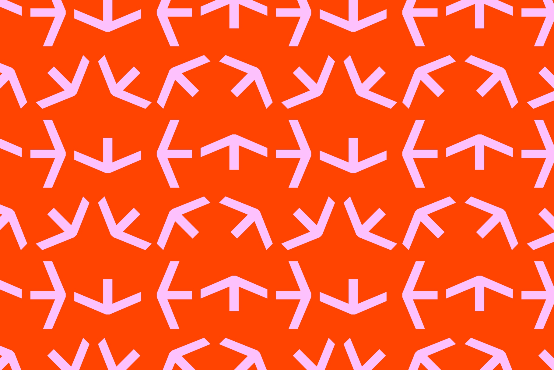 Seamless pattern of pink arrow symbols arranged on bright orange surface