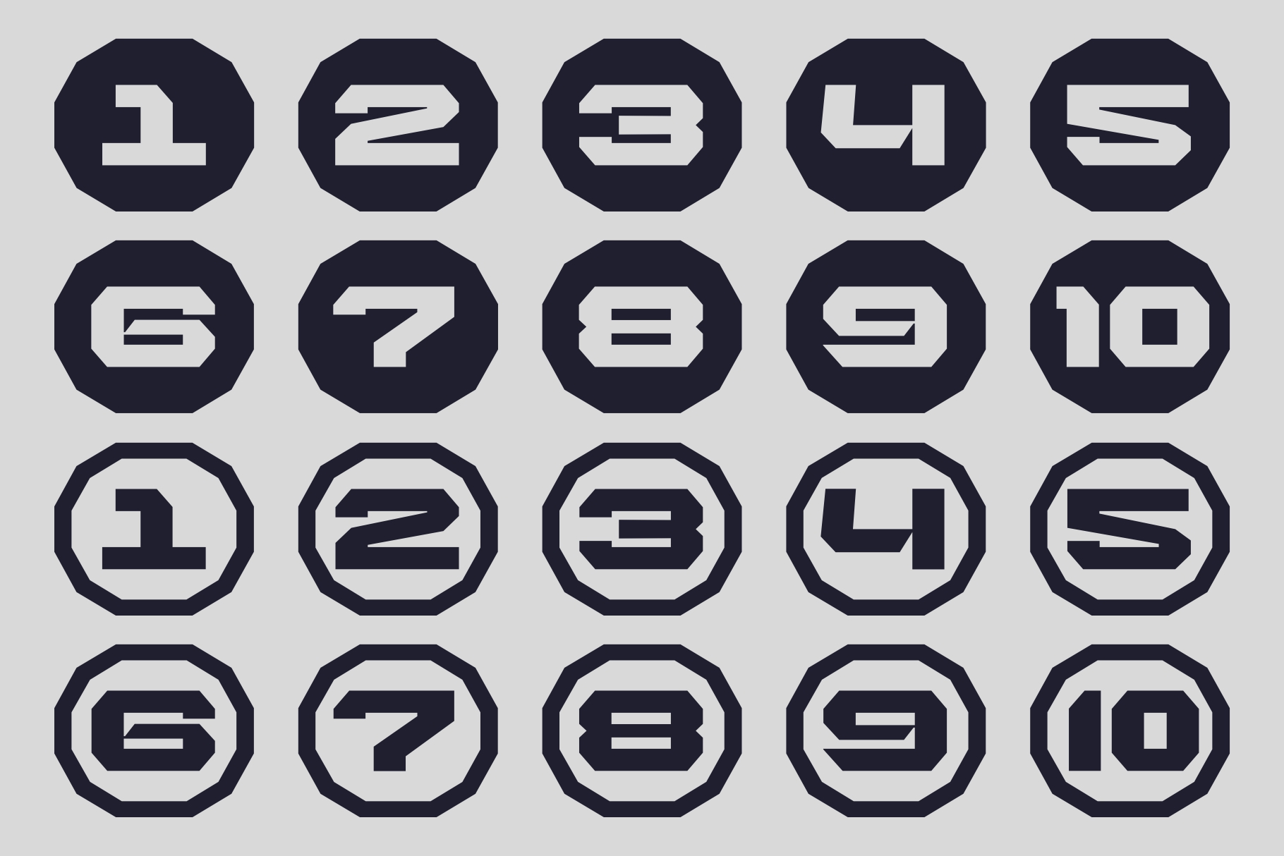 Grid of 20 numbered badge designs featuring numbers 1 through 10 in two size variations