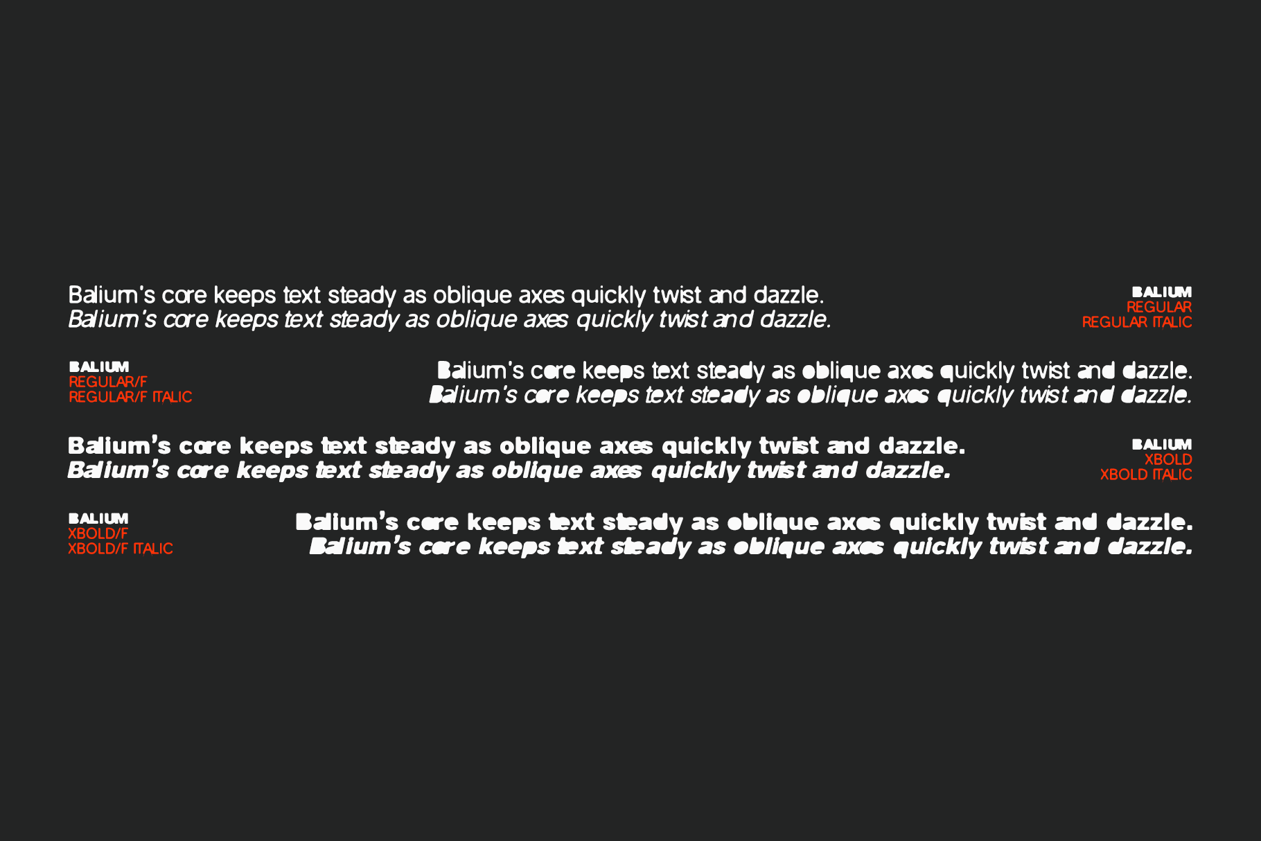 Balium typeface specimen showing regular, bold with italic variations on dark