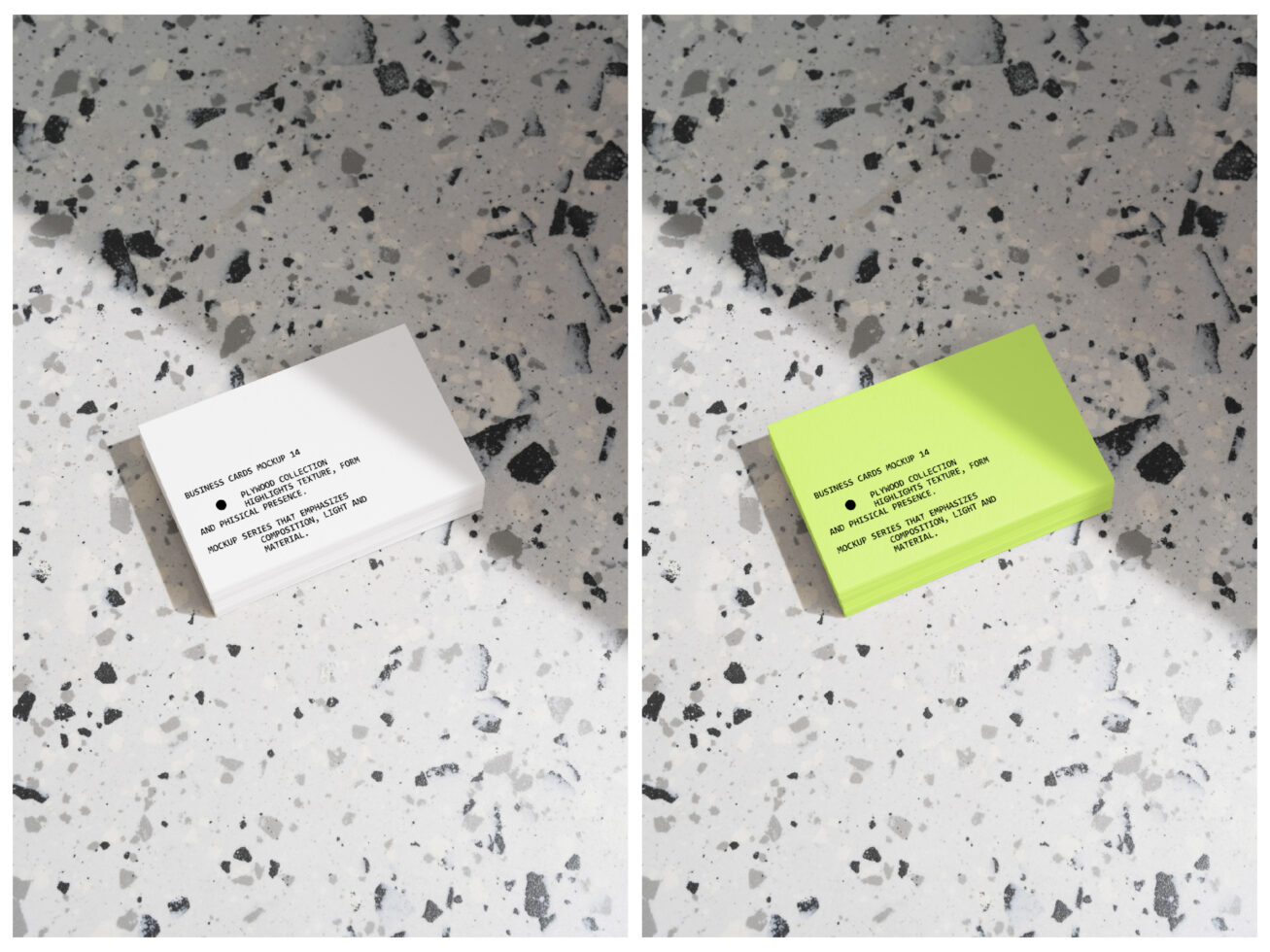 Side by side business card mockups in white then neon yellow on speckled concrete