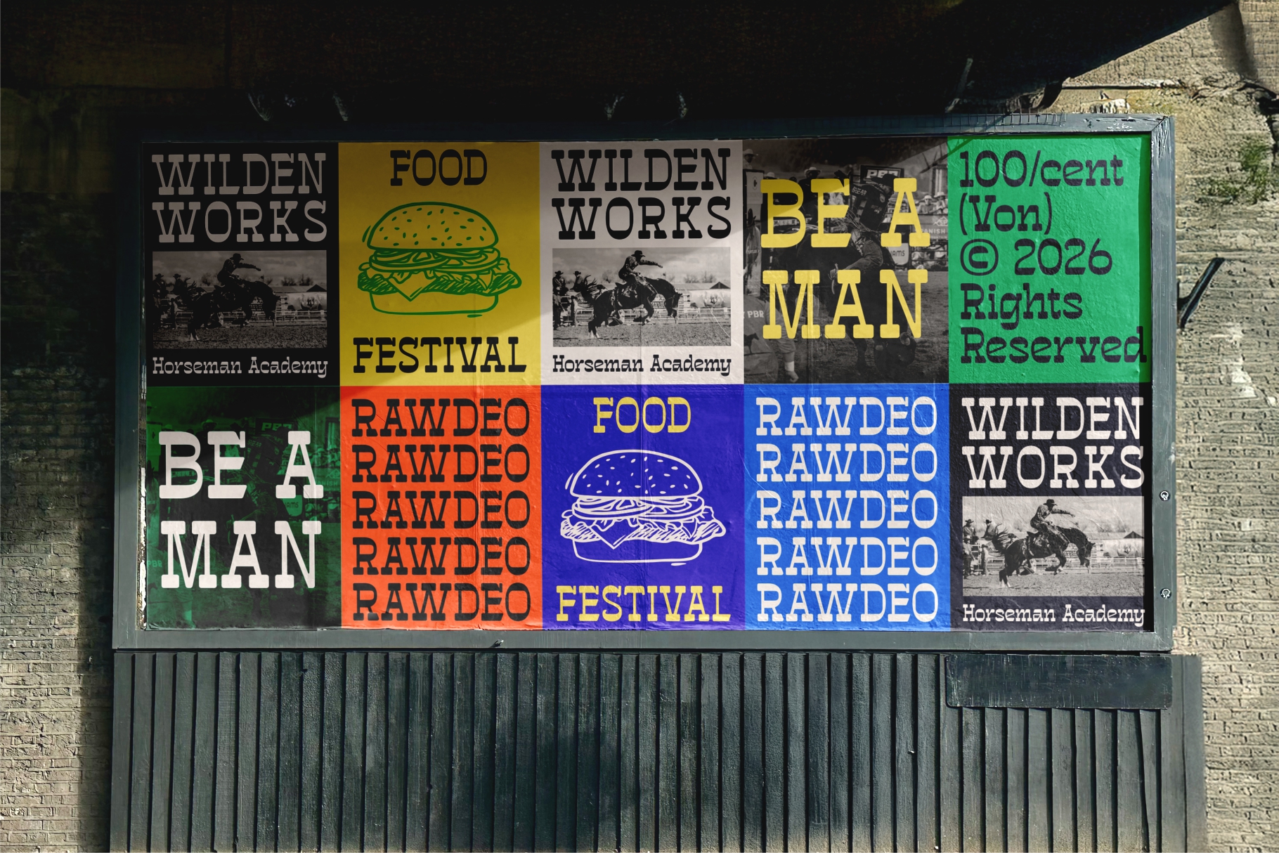 Street billboard with colorful collage of text, burgers, horses on brick