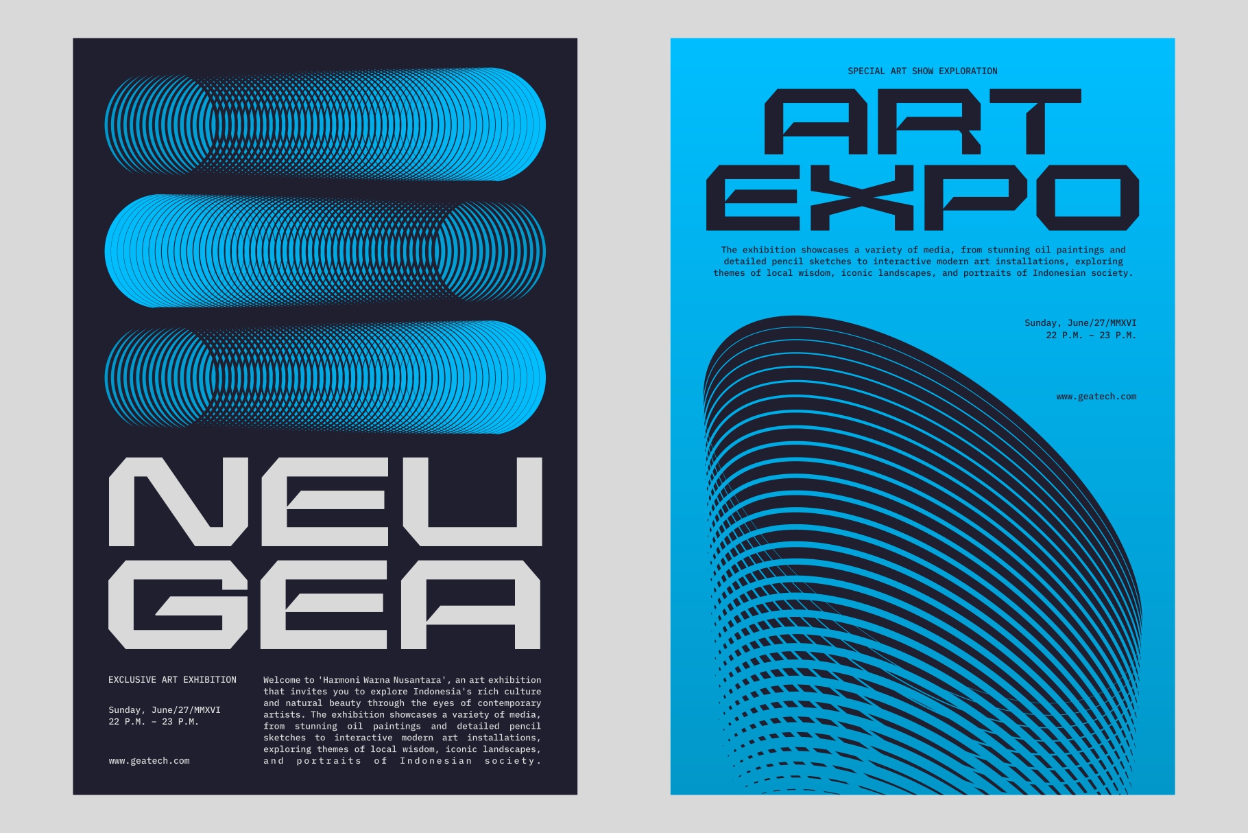 Two poster layouts side by side dark navy left with striped circles light cyan right with Art Expo text