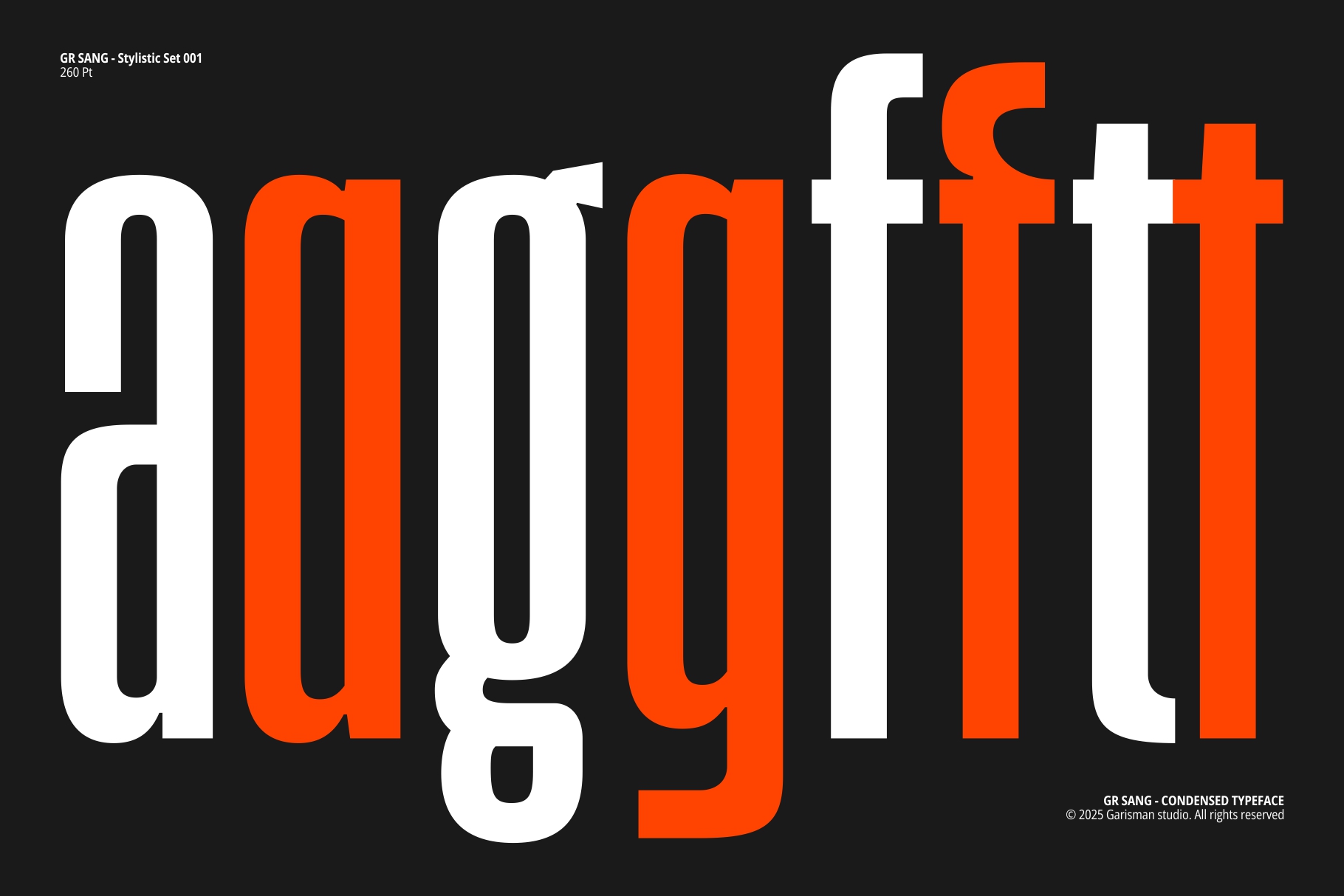 Condensed typeface sample with alternating white, orange letter weights on black